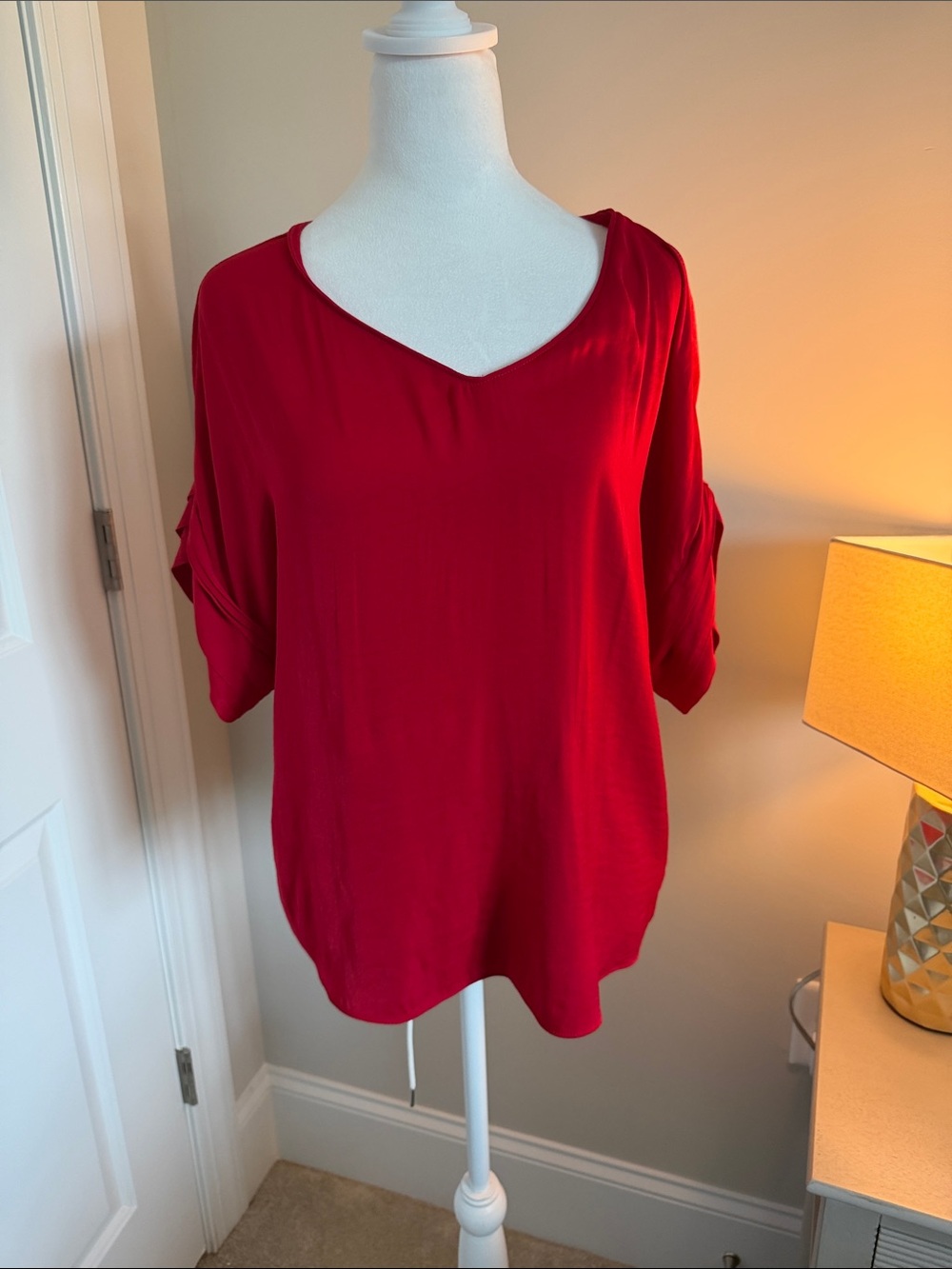 Women's Red V-Neck Tunic Top - Relaxed Short Sleeve oversized